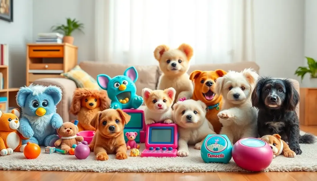 A collage depicting 90s toys and pets playing together in a cozy living room.