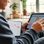 A person using a planner and a tablet for time-blocking, set in a cozy living space.