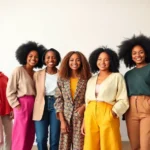 A diverse group of people wearing colorful outfits suitable for their skin tones.