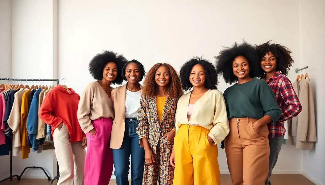 A diverse group of people wearing colorful outfits suitable for their skin tones.