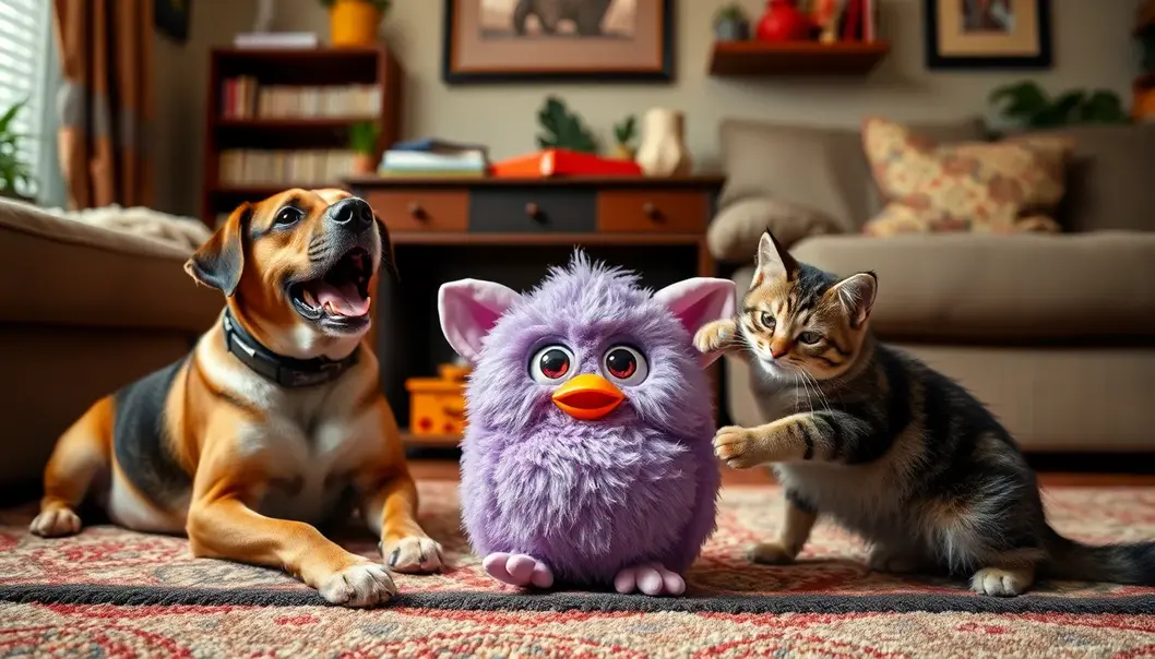 Furby bringing joy and curiosity to kids and their pets in the 90s.