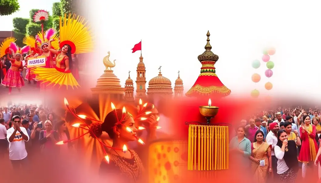 A collage of diverse cultural festivals, including samba dancers and lit diyas.