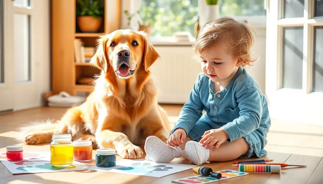 A toddler and golden retriever enjoying pet-safe crafts together.