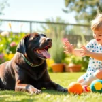 A toddler and Labrador playing happily with colorful balls in a garden.