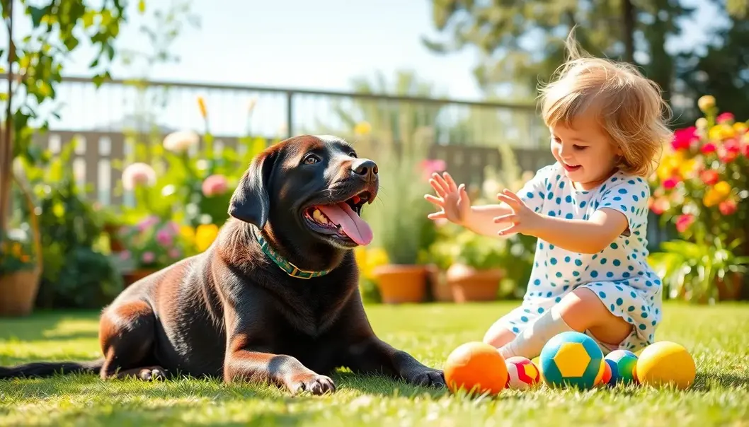 A toddler and Labrador playing happily with colorful balls in a garden.