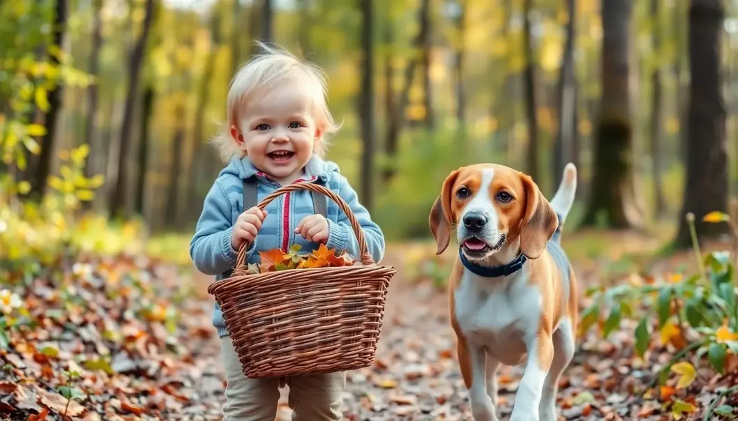 A toddler and golden retriever enjoying pet-safe crafts together.