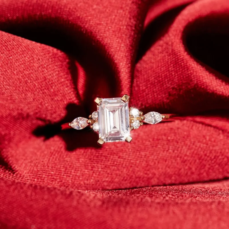 Delicate Emerald-Cut Floral Diamond Ring - Romantic Jewelry Piece - Image 3