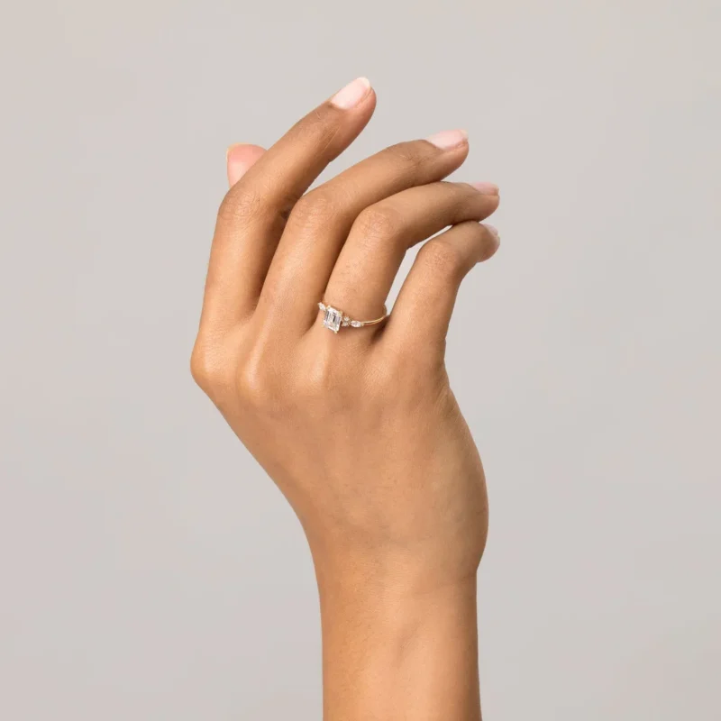 Delicate Emerald-Cut Floral Diamond Ring - Romantic Jewelry Piece - Image 4