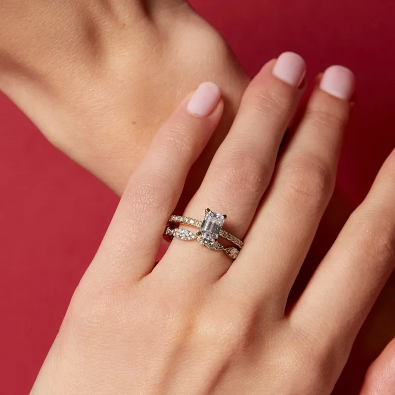 Pavé Emerald-Cut Solitaire Diamond Ring - Sparkling Anniversary Gift - Image 4